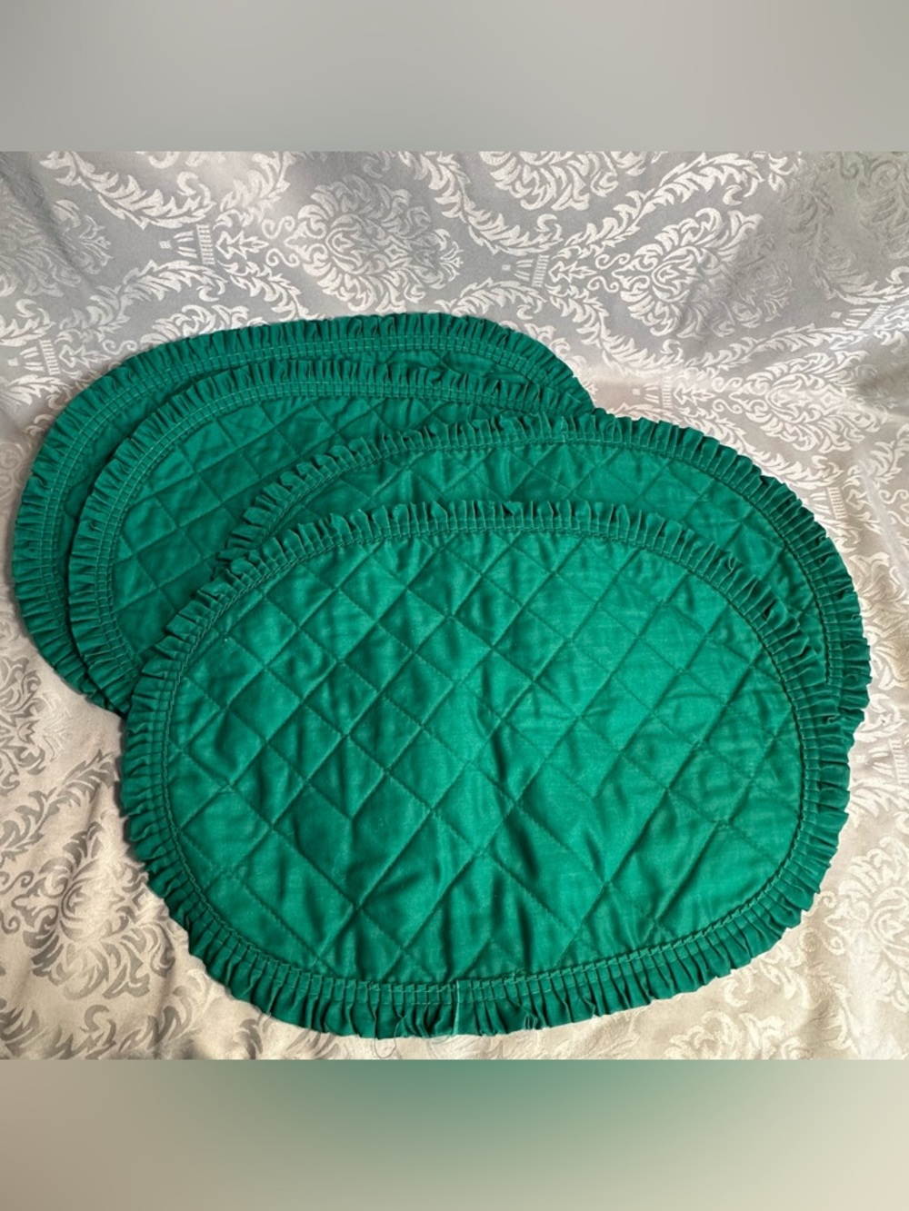 Vintage 1980s Forrest Green Oval Quilted Placemats Ruffle edge Set Of 4